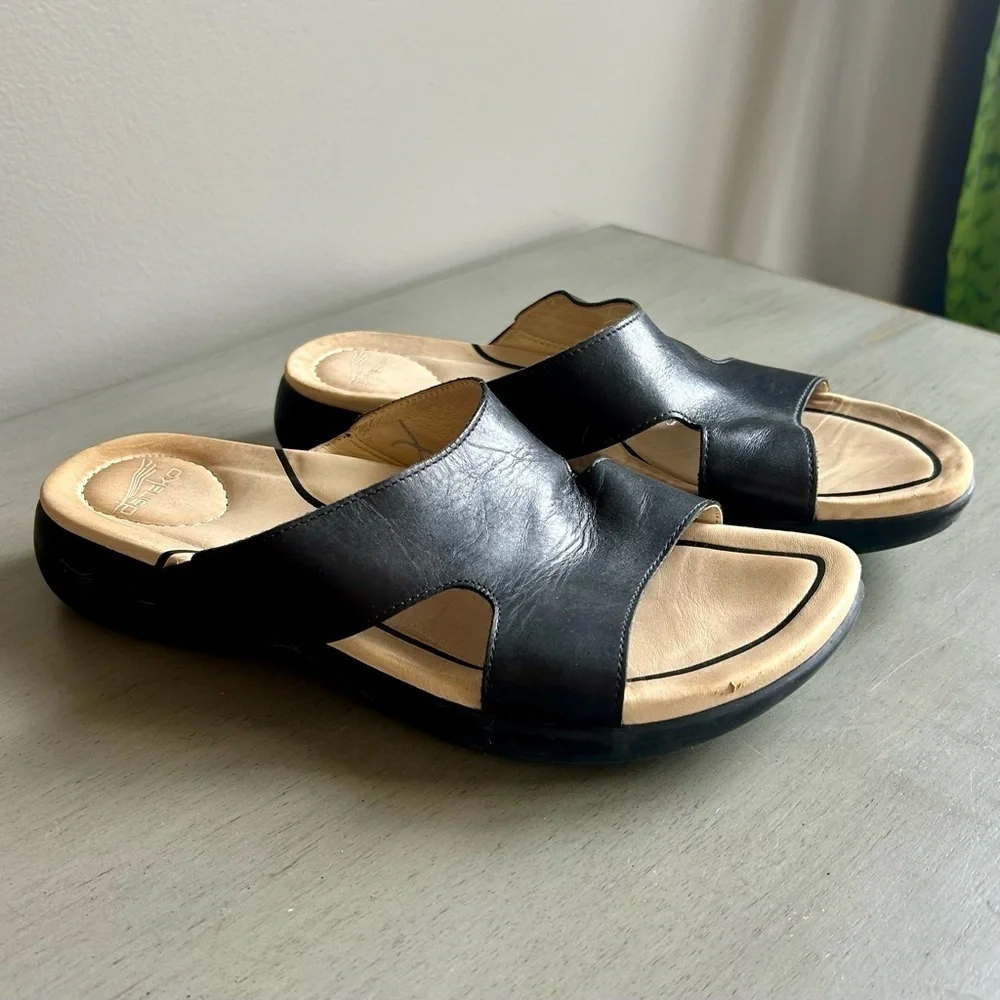 Dankso Women Leather Sandals Slide EU 38 US 7.5/8 Black Slip On Open Toe Strappy